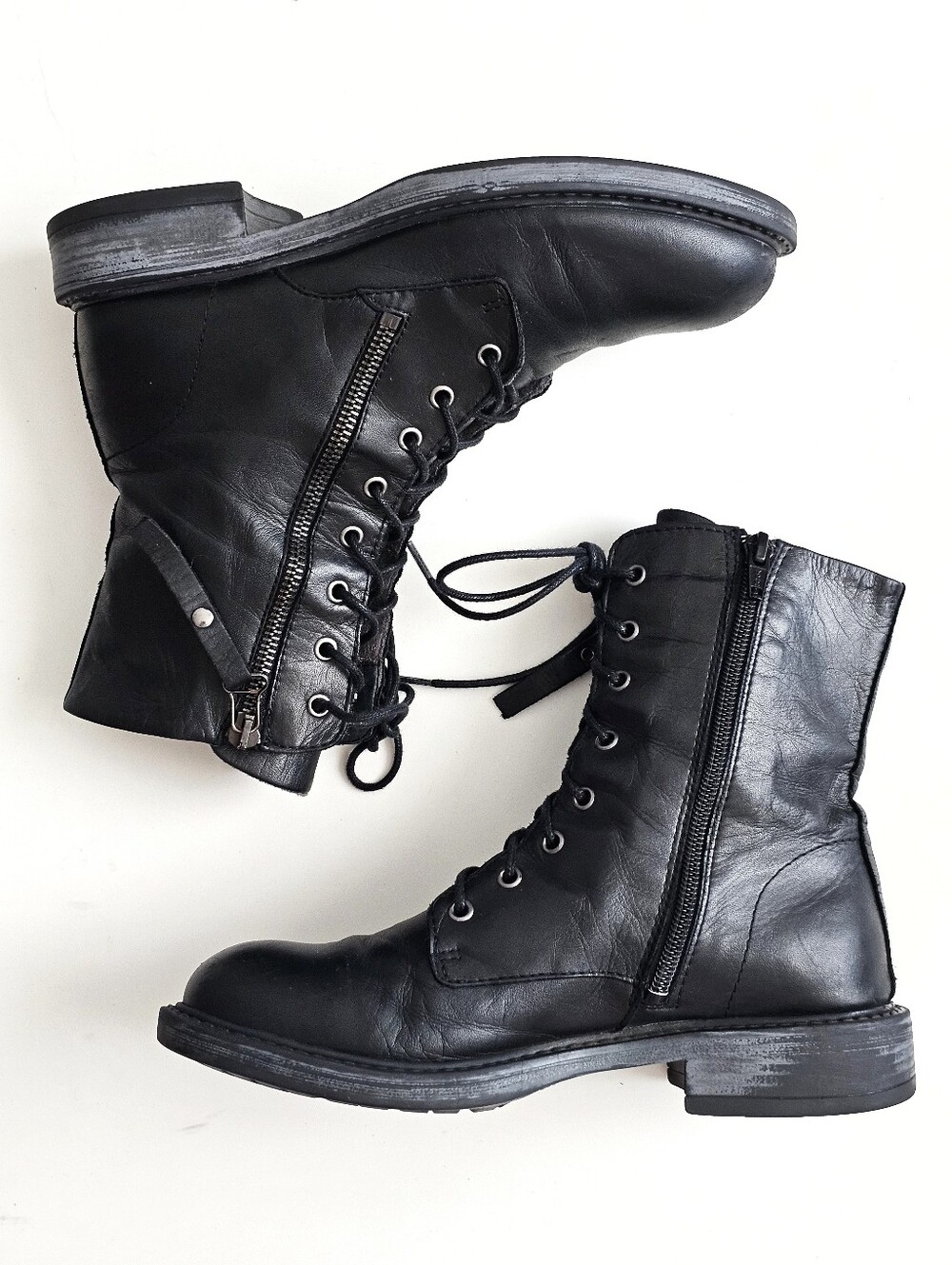 Miz Mooz Martel Black Leather Combat Boots Lace Up Side Zip Size 36